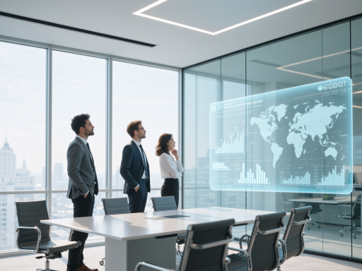 产业投资分析会议场景,商务人士讨论项目,现代化会议室