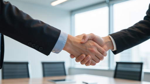 公司中标智慧城市建设项目签约仪式现场,签约代表握手庆祝